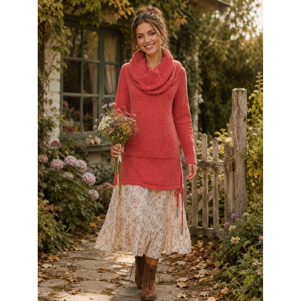 Anthropologie SLEEPING ON SNOW North Pole Cowl Neck Tunic Sweater Pink Large